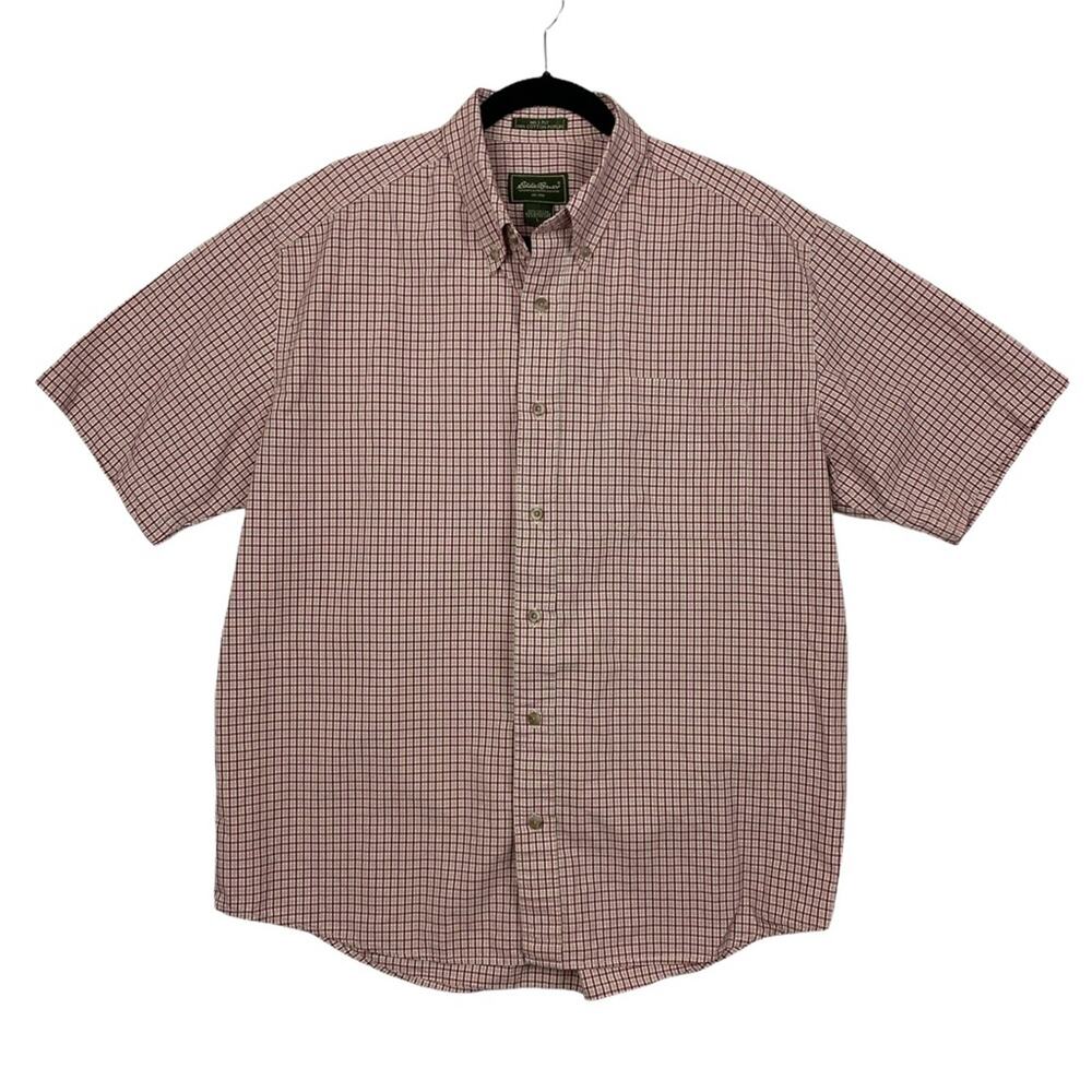 Eddie Bauer Red Plaid Short Sleeve 100% Cotton Button Up Shirt Size Large
